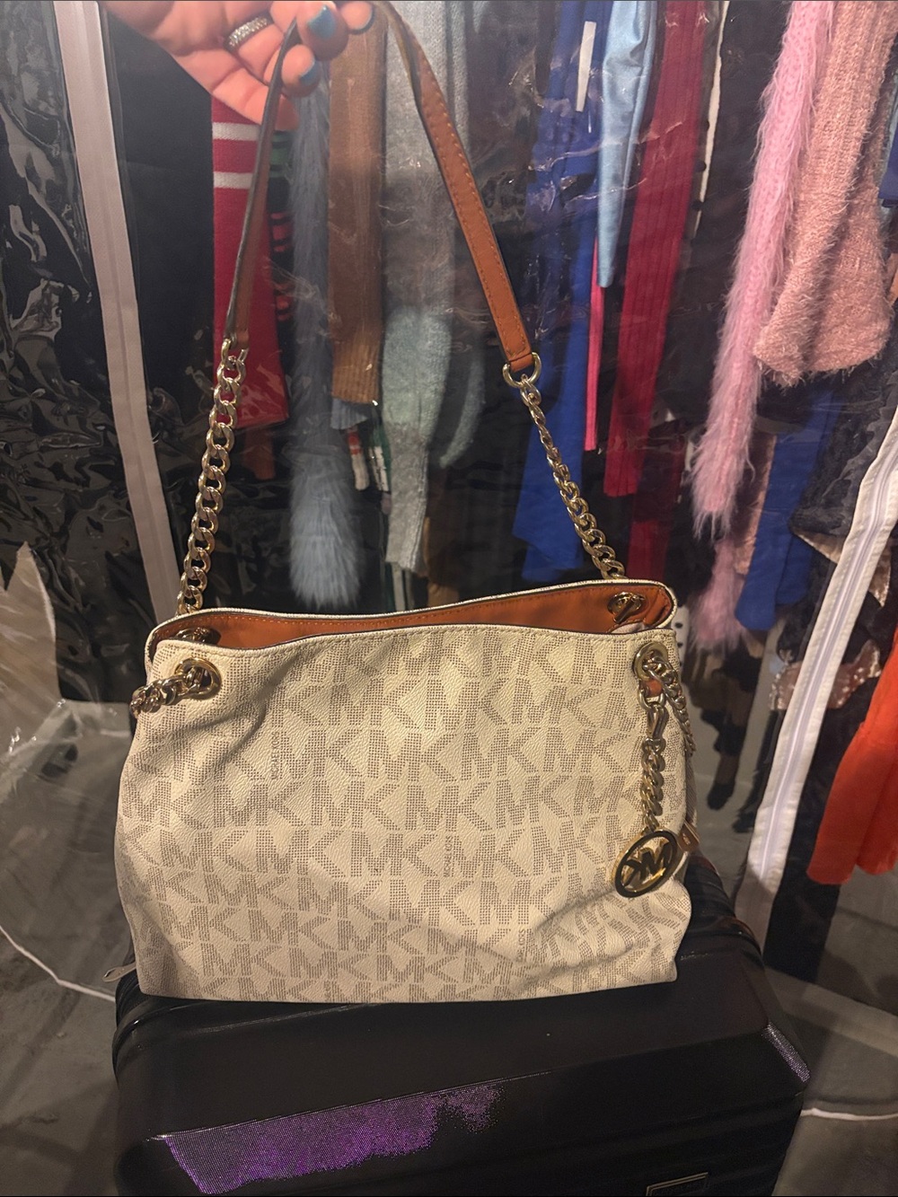 Michael Kors Ivory/Tan MK Logo Chain Shoulder Bag